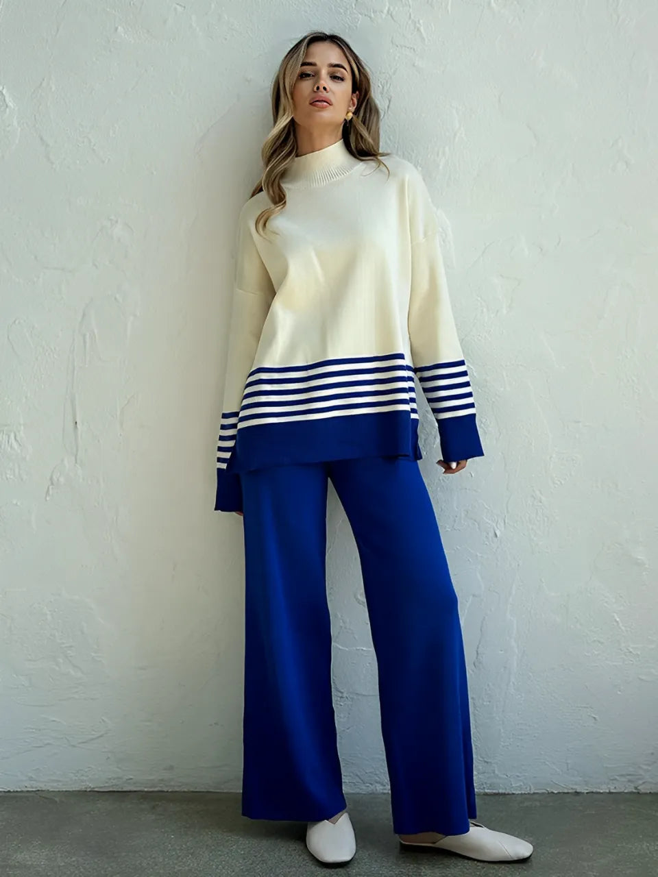 Striped High-Neck Sweater and Elastic-Waist Pants Set – July