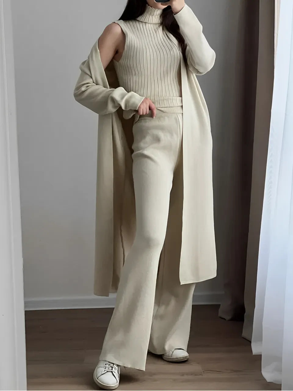 3-Piece Set with Ribbed Blouse, Cardigan, and Wide-Leg Pants – Lolla