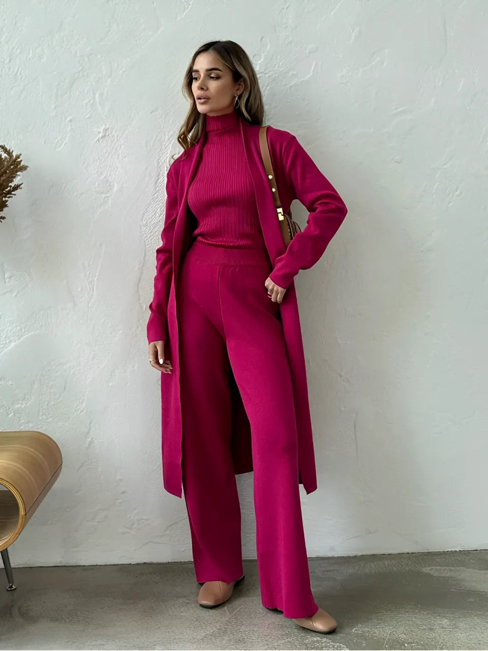 3-Piece Set with Ribbed Blouse, Cardigan, and Wide-Leg Pants – Lolla