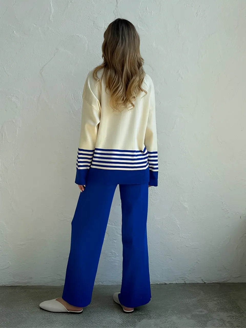 Striped High-Neck Sweater and Elastic-Waist Pants Set – July