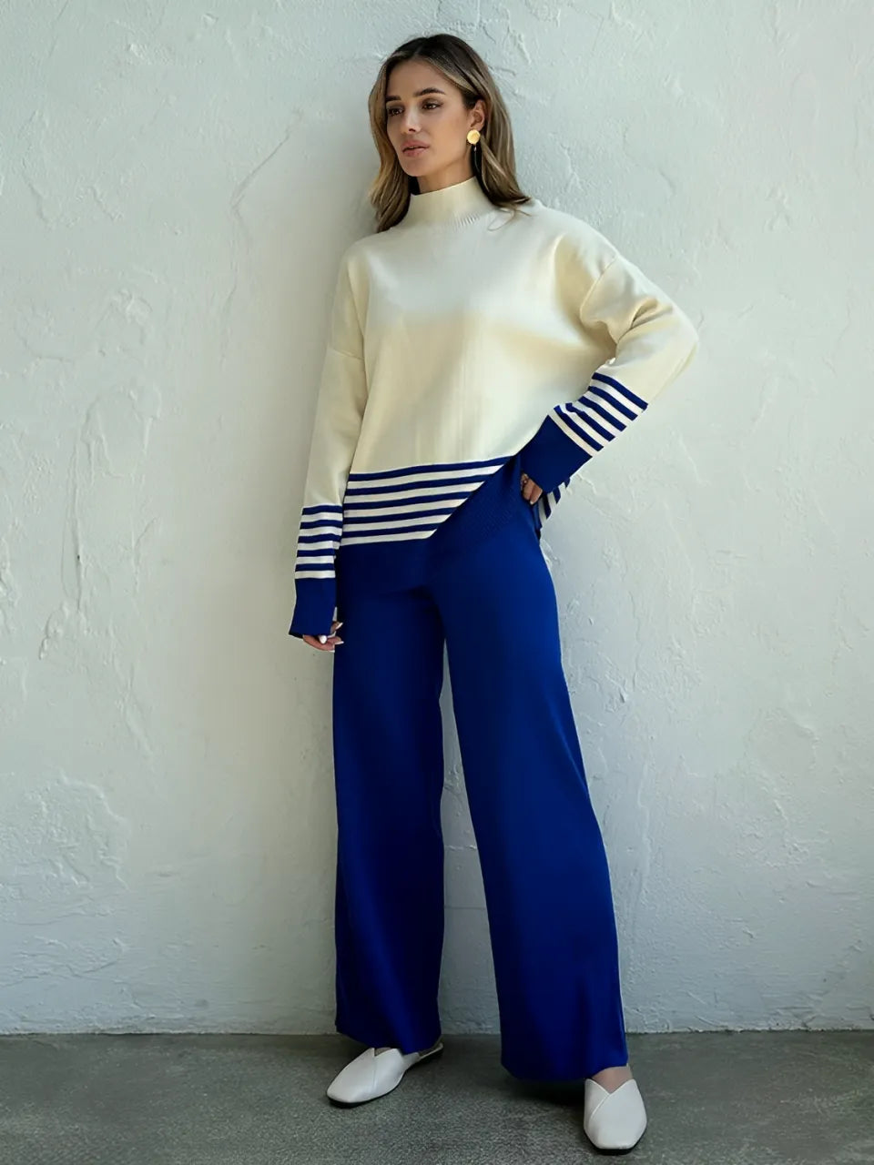 Striped High-Neck Sweater and Elastic-Waist Pants Set – July