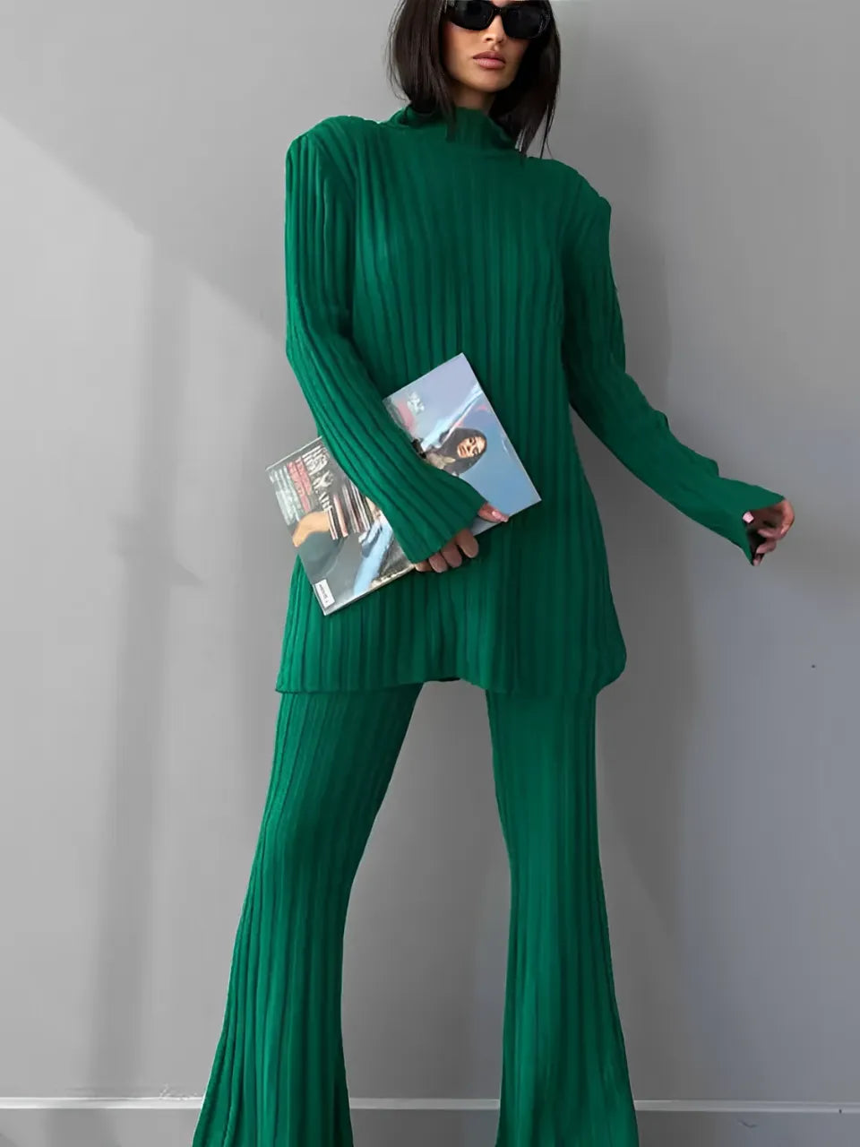 Ribbed Knit Set with High-Neck Sweater and Flare Pants – Luna