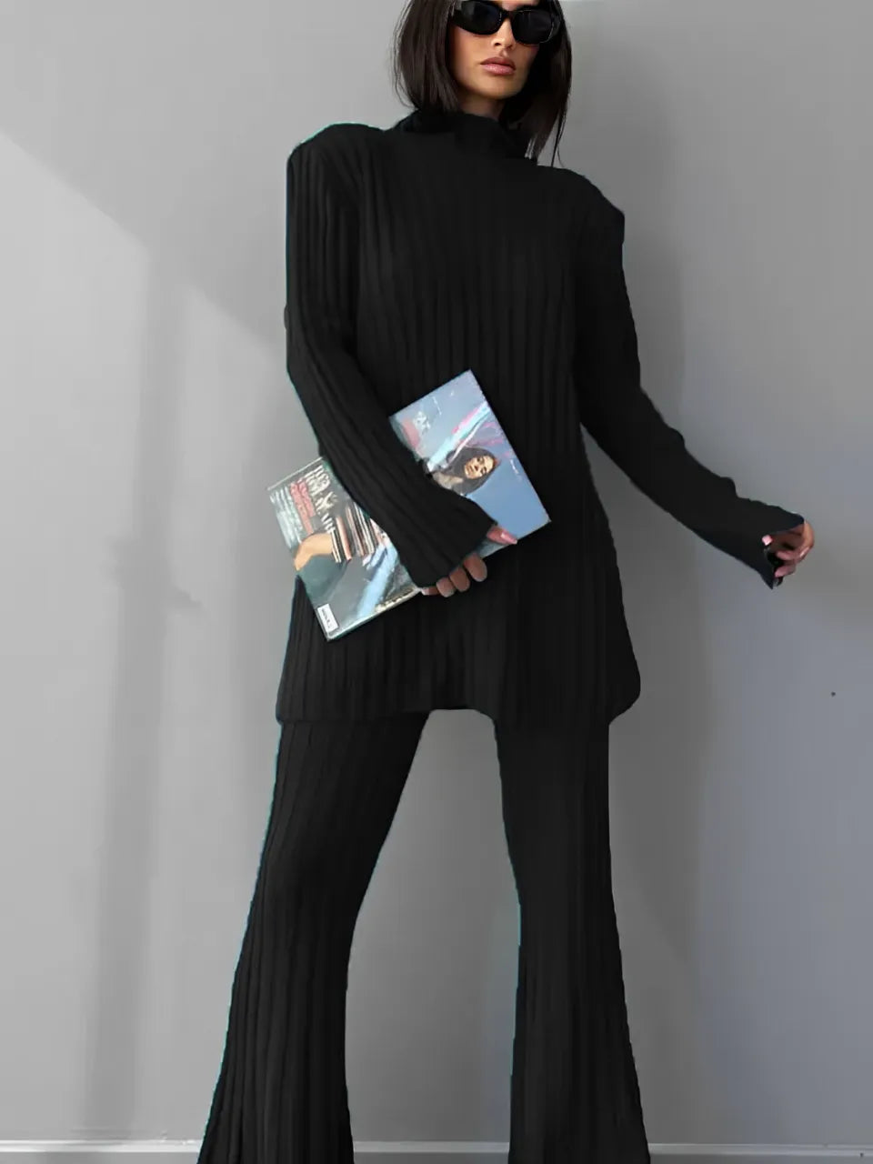Ribbed Knit Set with High-Neck Sweater and Flare Pants – Luna