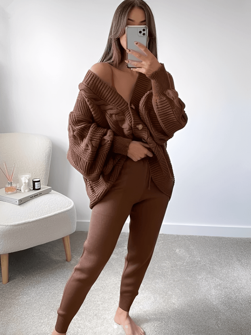 Knit Set with Oversized V-Neck Cardigan and Pencil Pants – Liana