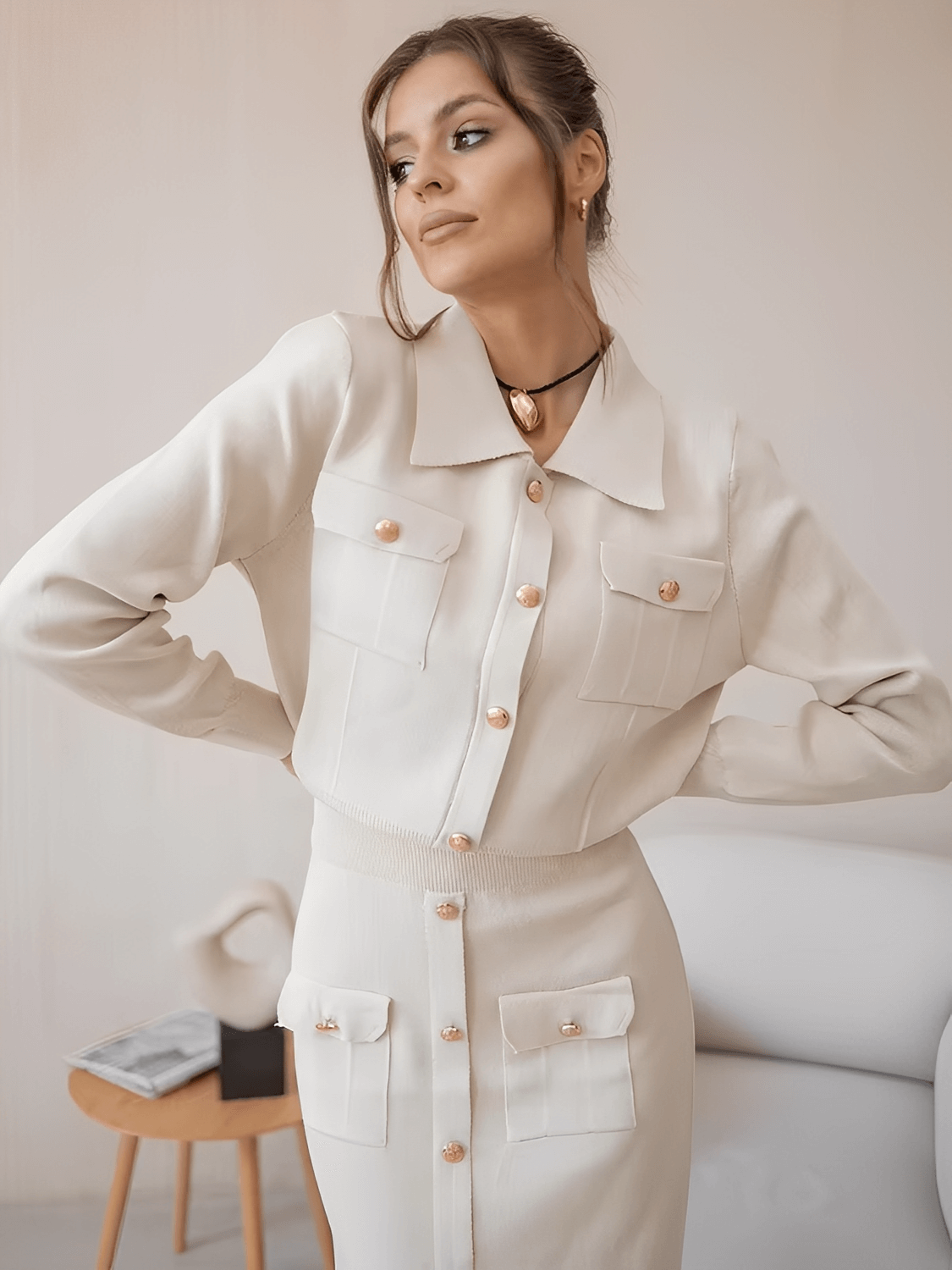 Viscose Tailored Set with Sweater and Buttoned Midi Skirt – Geyze