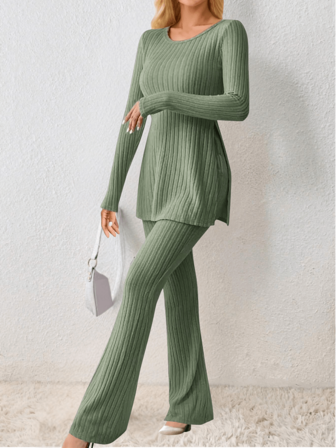 Ribbed Knit Set with Mullet Blouse and Flare Pants – Sabrina