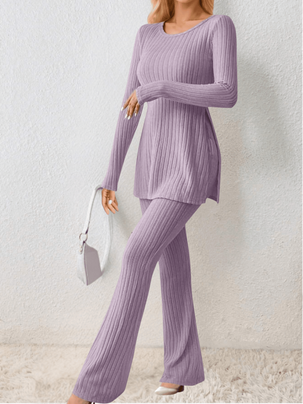 Ribbed Knit Set with Mullet Blouse and Flare Pants – Sabrina