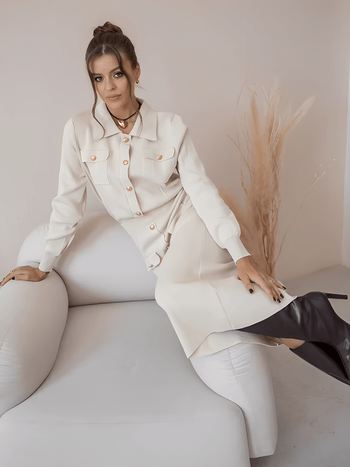 Viscose Tailored Set with Sweater and Buttoned Midi Skirt – Geyze