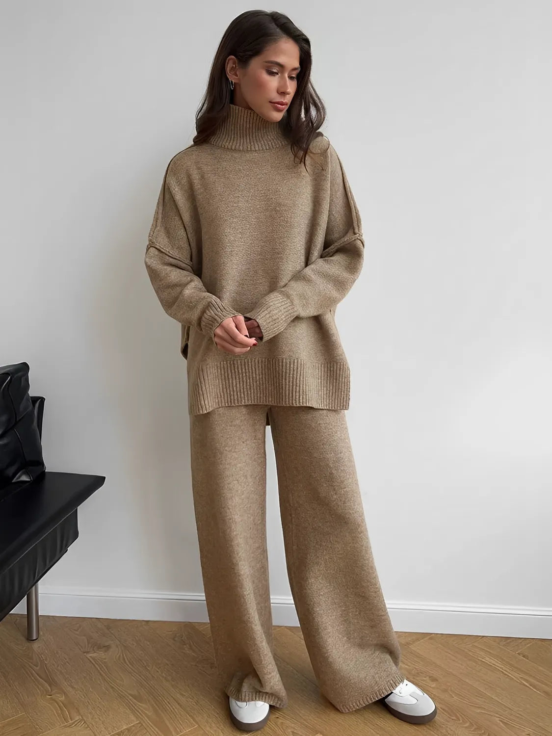 Knit Set with High-Neck Mullet Sweater and Wide-Leg Pants – Melanie