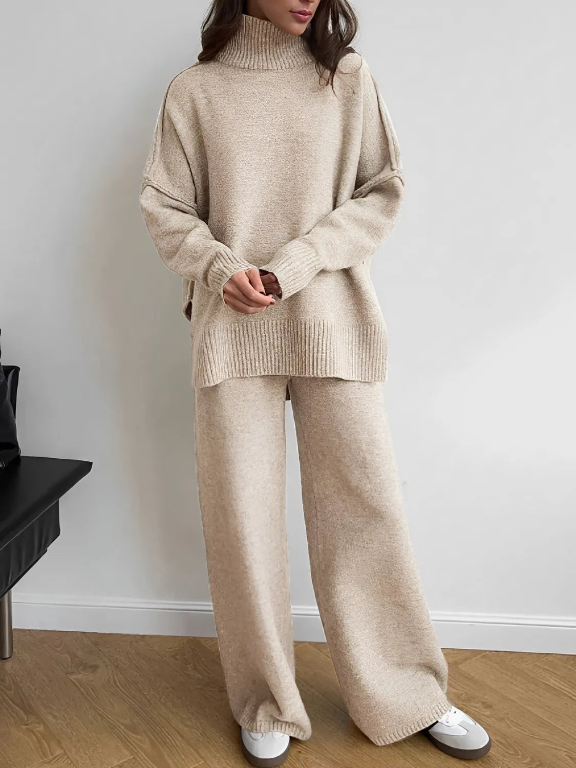 Knit Set with High-Neck Mullet Sweater and Wide-Leg Pants – Melanie