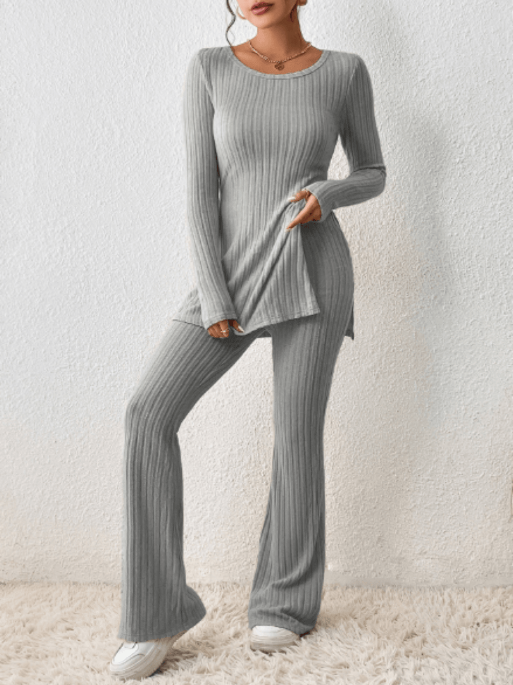 Ribbed Knit Set with Mullet Blouse and Flare Pants – Sabrina