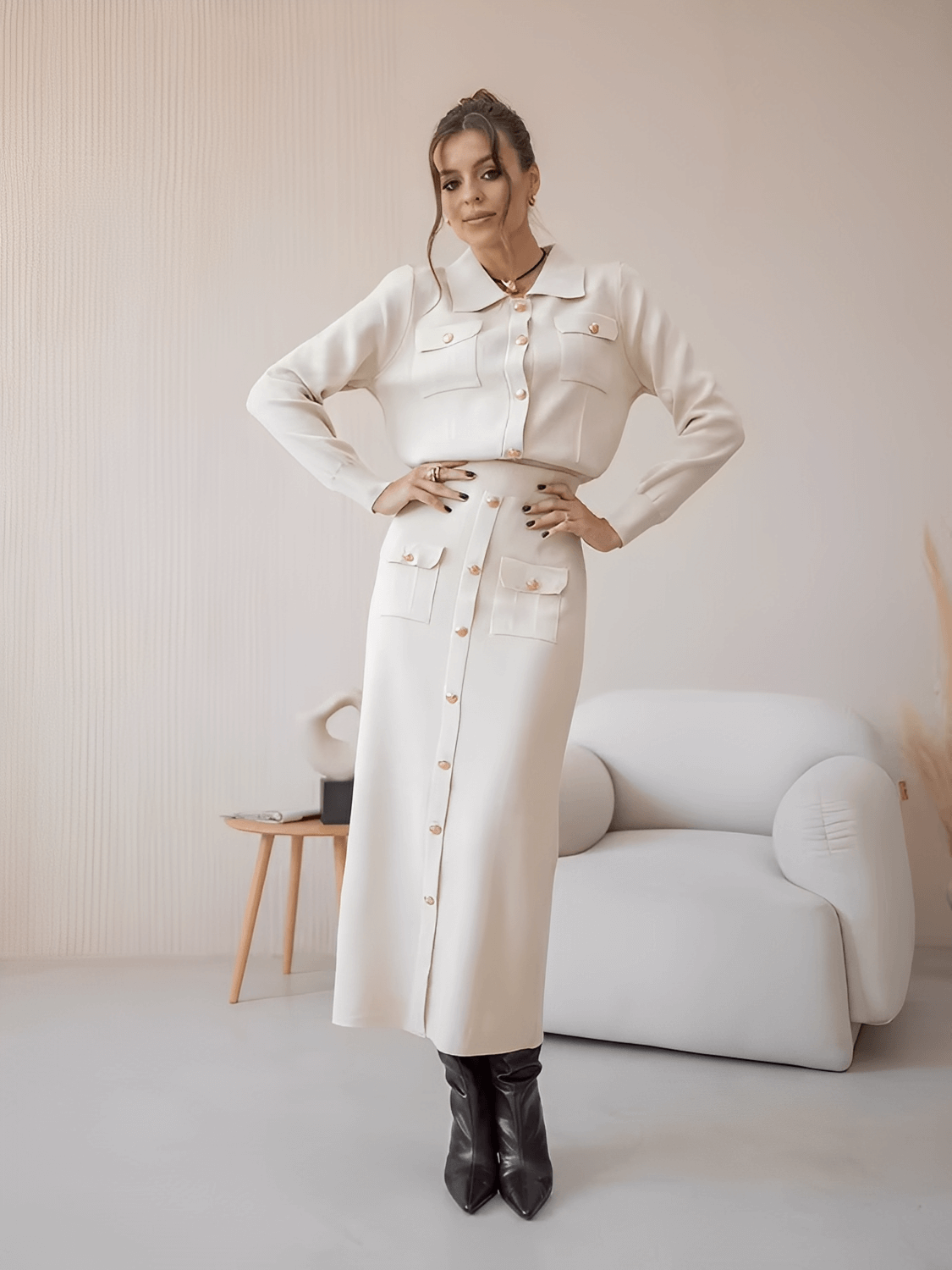 Viscose Tailored Set with Sweater and Buttoned Midi Skirt – Geyze