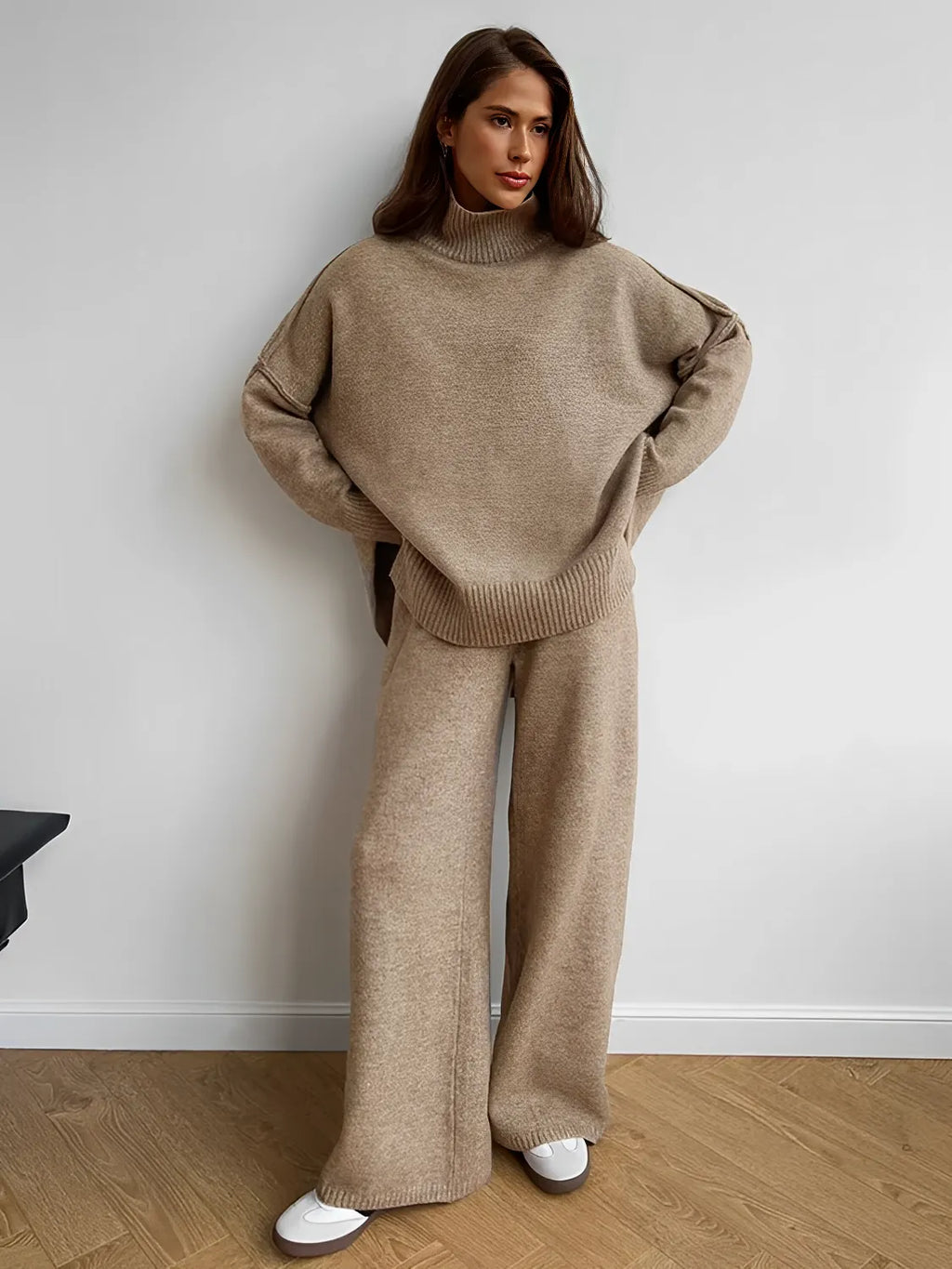 Knit Set with High-Neck Mullet Sweater and Wide-Leg Pants – Melanie