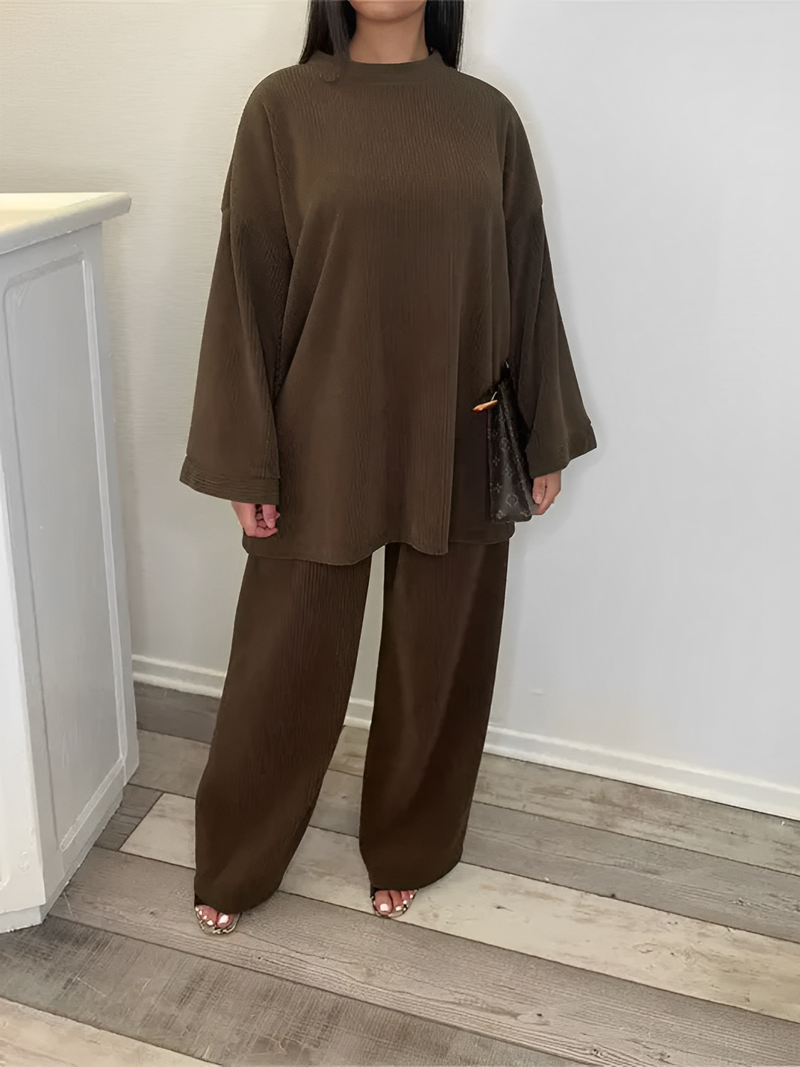 Corduroy Velvet Set with Oversized Sweater and Wide-Leg Pants – Indira