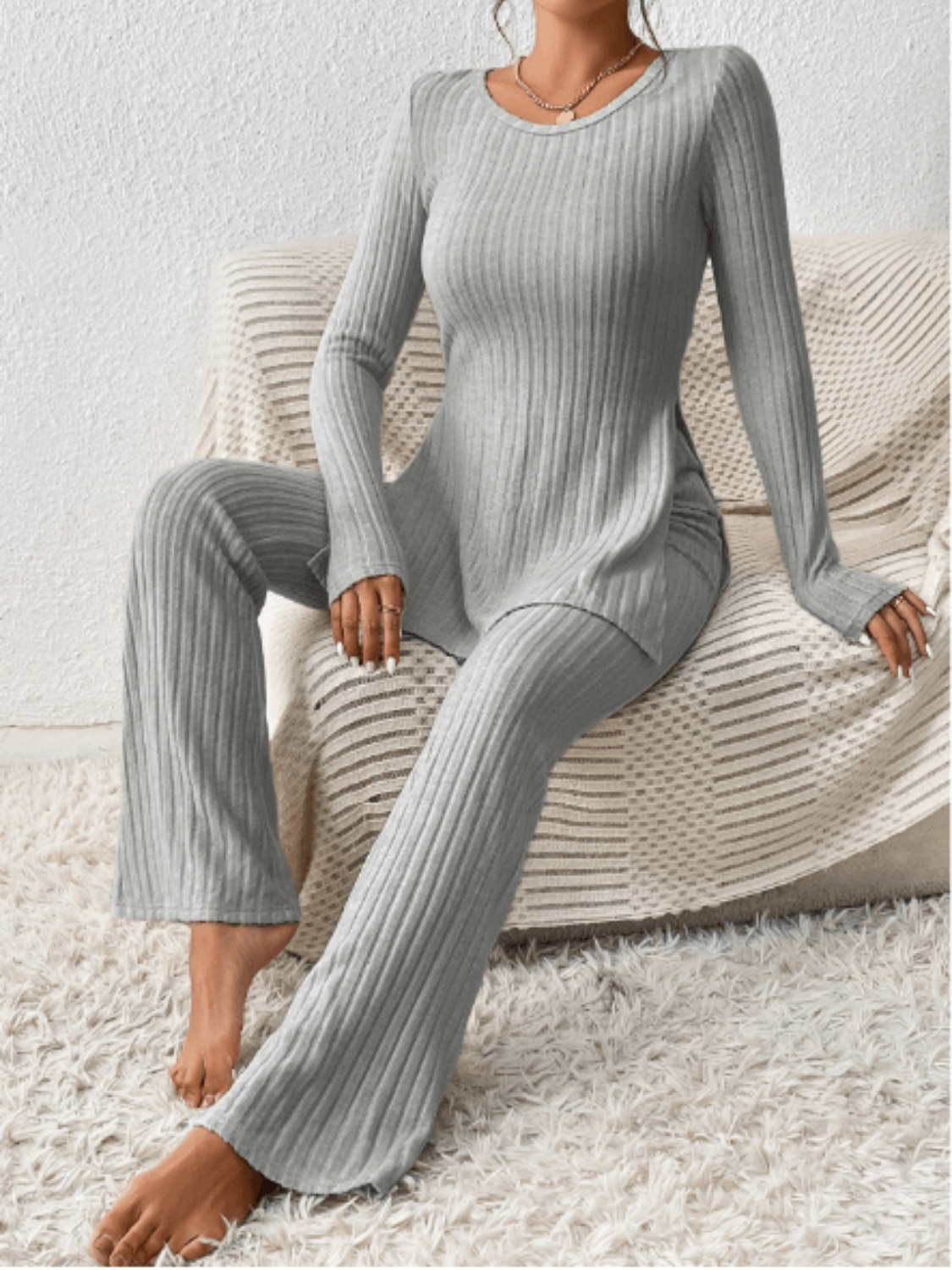 Ribbed Knit Set with Mullet Blouse and Flare Pants – Sabrina