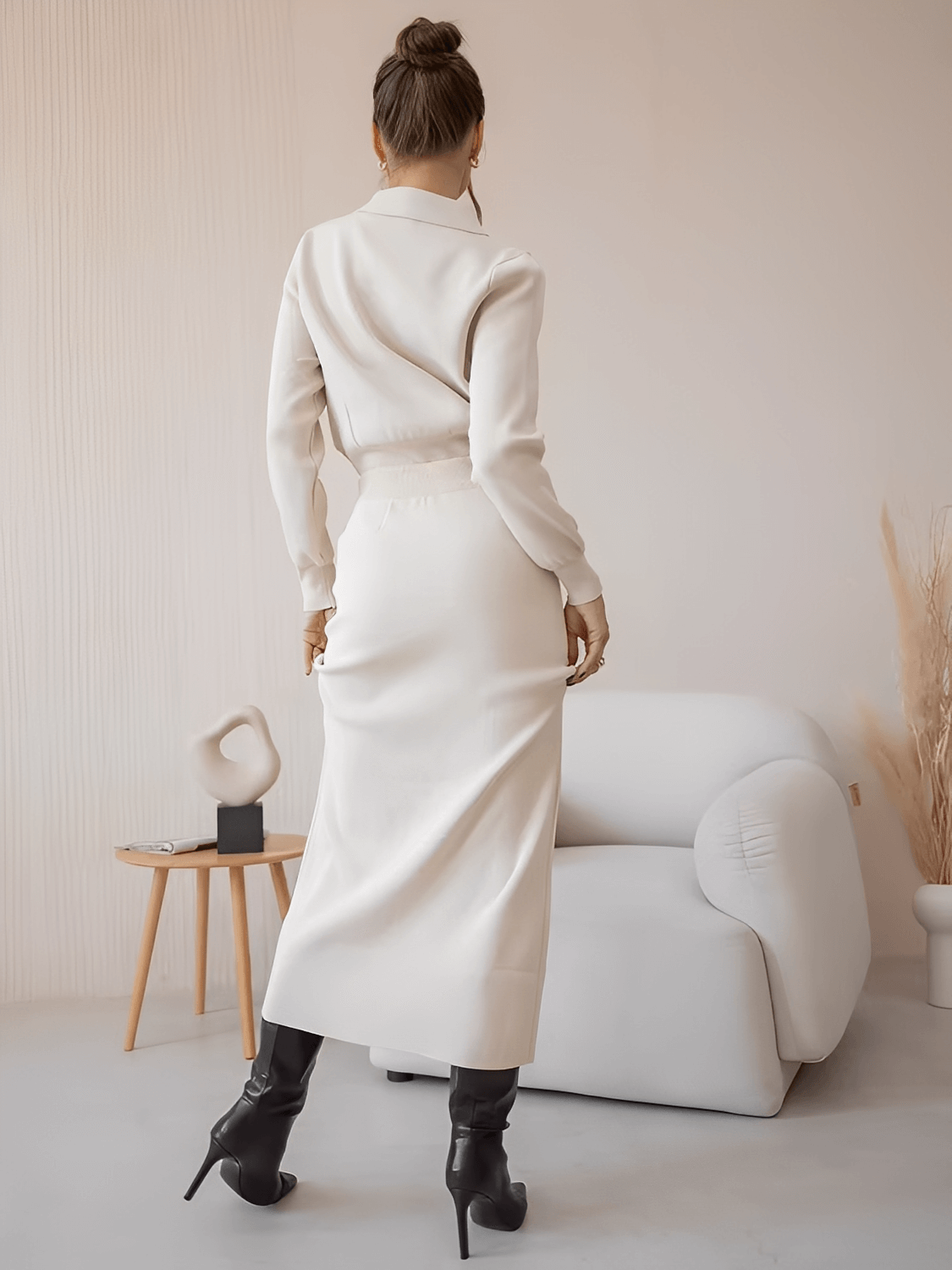 Viscose Tailored Set with Sweater and Buttoned Midi Skirt – Geyze