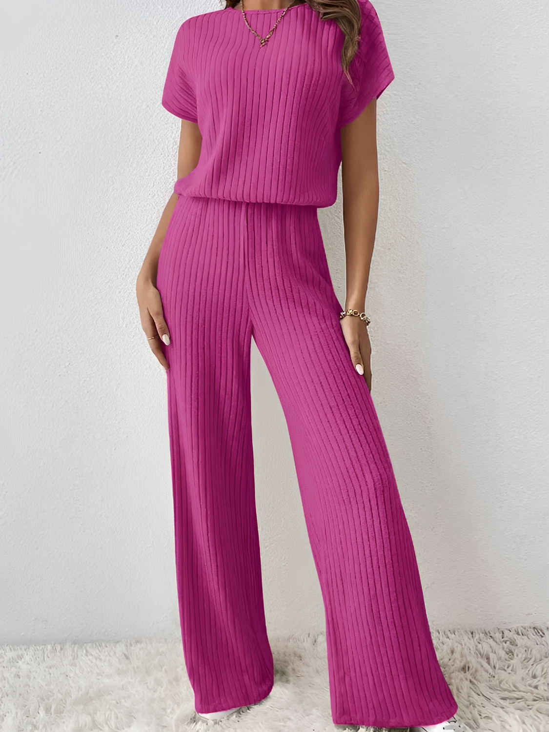 Ribbed Set with Batwing Sleeve Blouse and Wide-Leg Pants – Maite