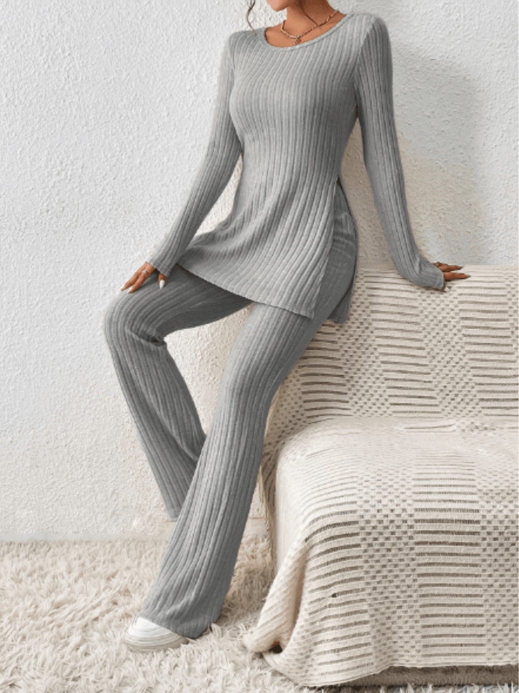 Ribbed Knit Set with Mullet Blouse and Flare Pants – Sabrina