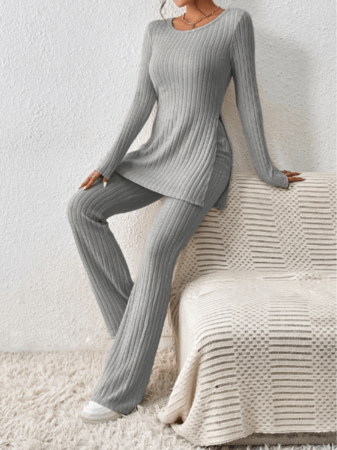 Ribbed Knit Set with Mullet Blouse and Flare Pants – Sabrina