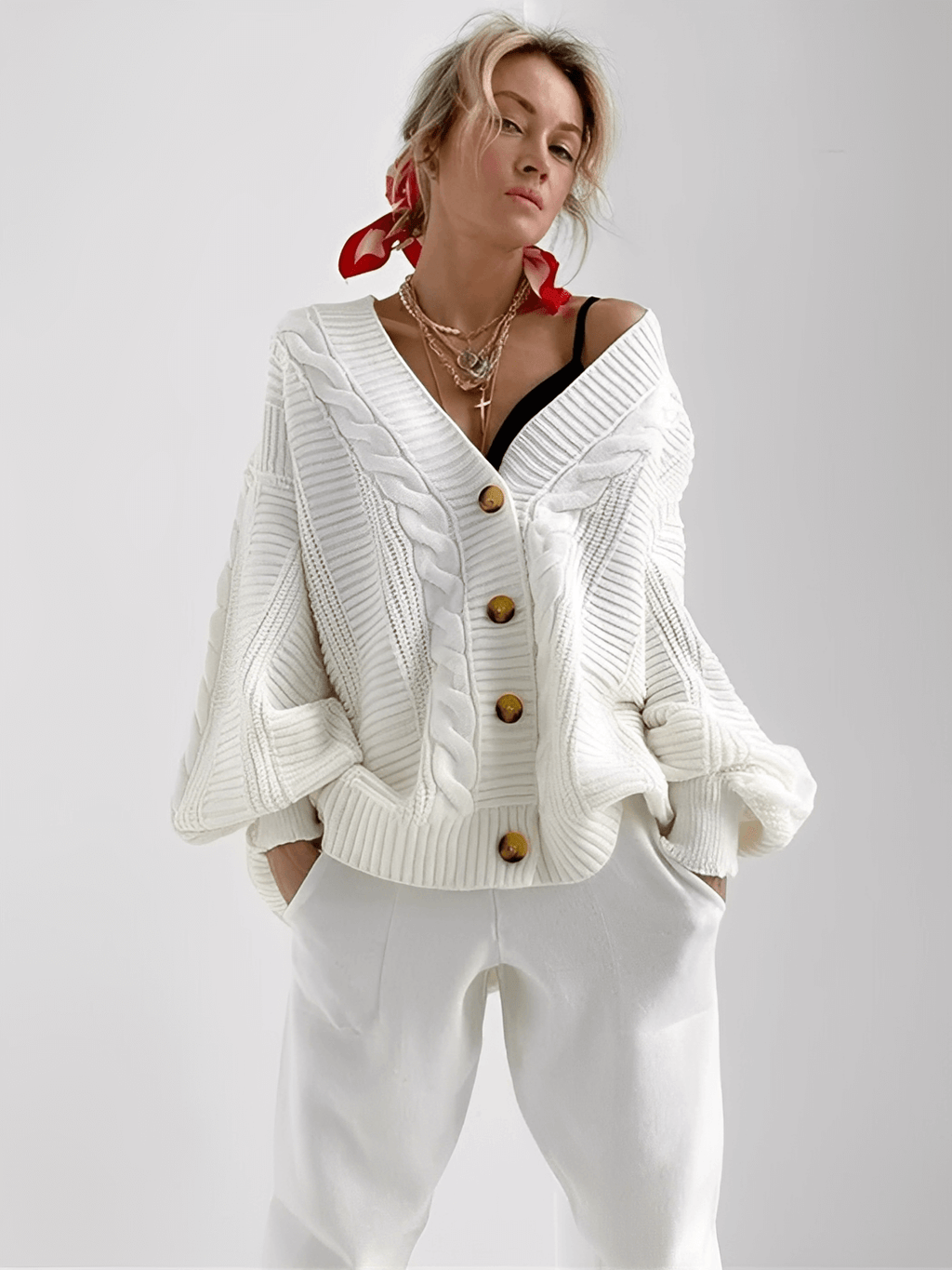 Knit Set with Oversized V-Neck Cardigan and Pencil Pants – Liana