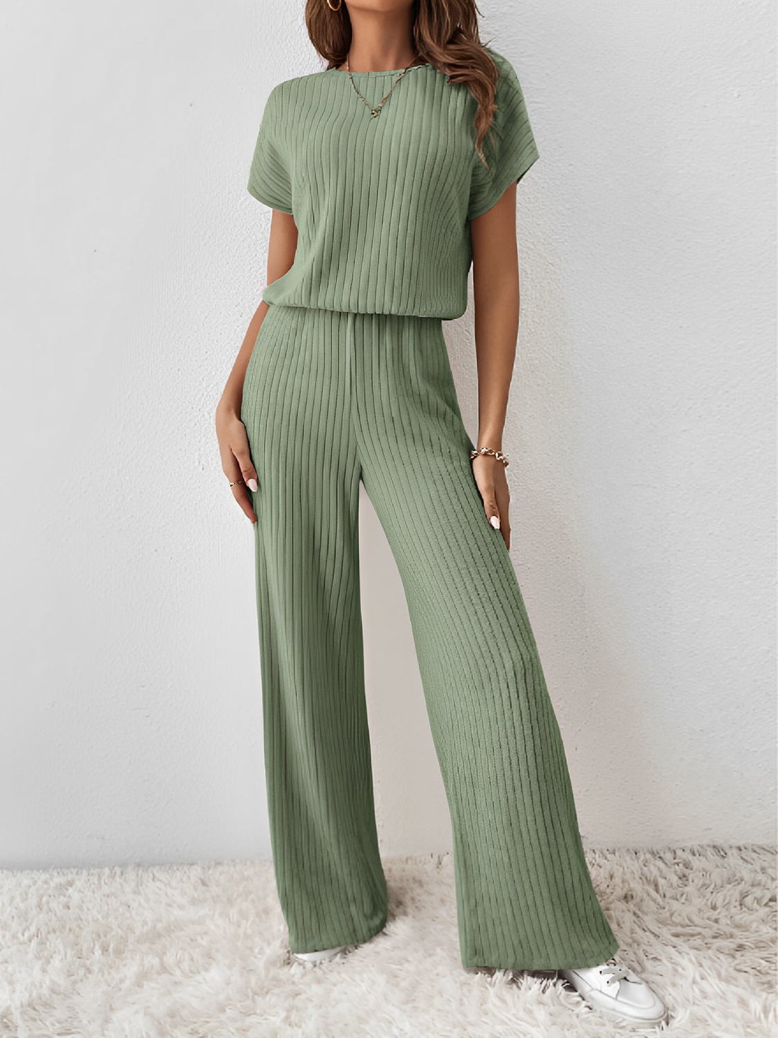 Ribbed Set with Batwing Sleeve Blouse and Wide-Leg Pants – Maite