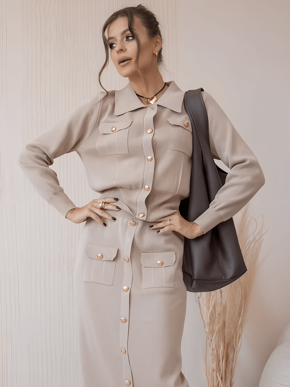 Viscose Tailored Set with Sweater and Buttoned Midi Skirt – Geyze