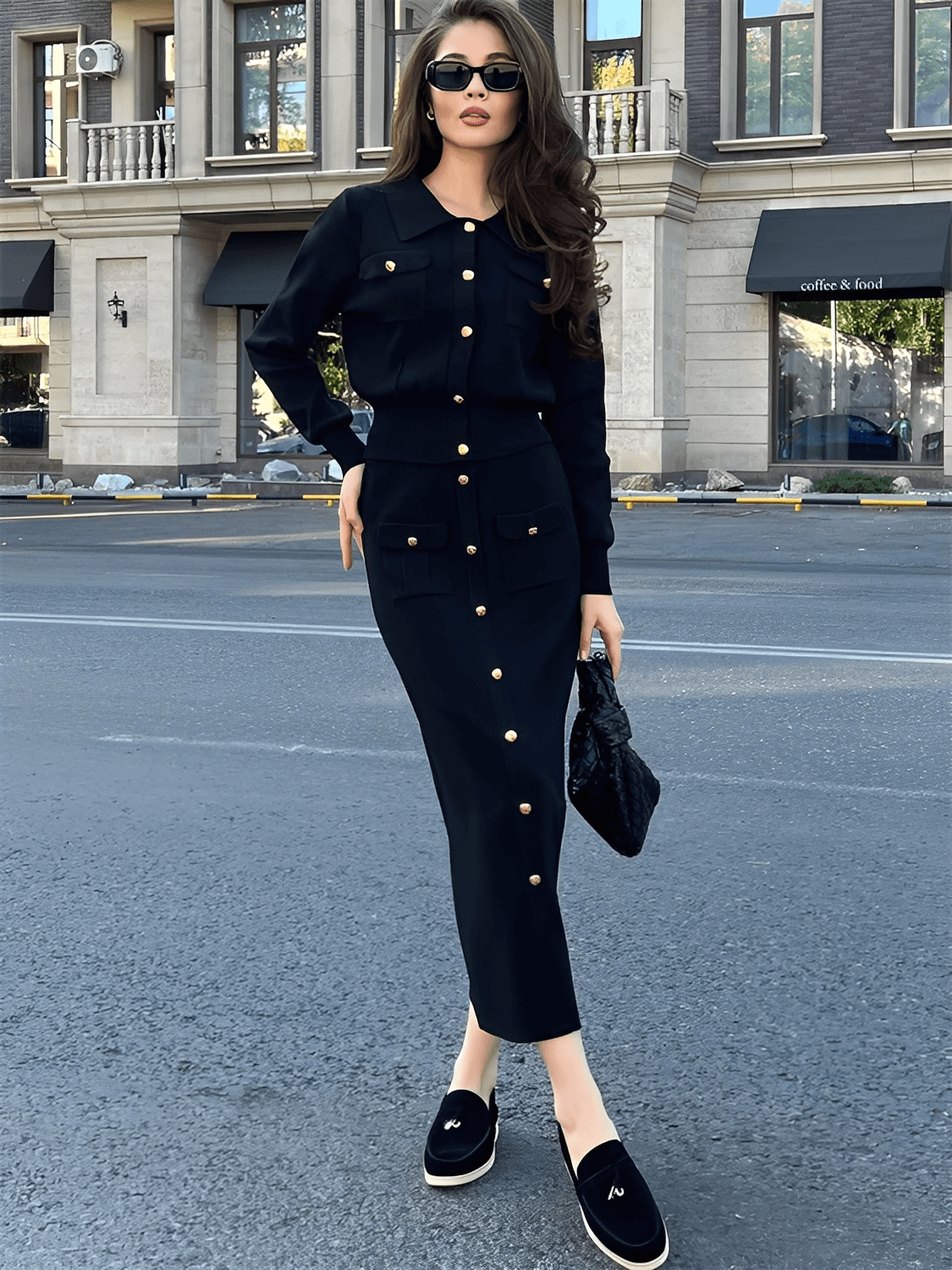 Viscose Tailored Set with Sweater and Buttoned Midi Skirt – Geyze