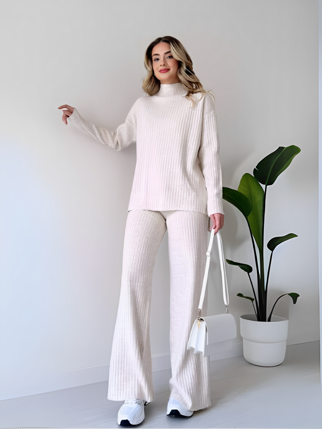 Ribbed Knit Set with Mullet Sweater and Wide-Leg Pants – Grace