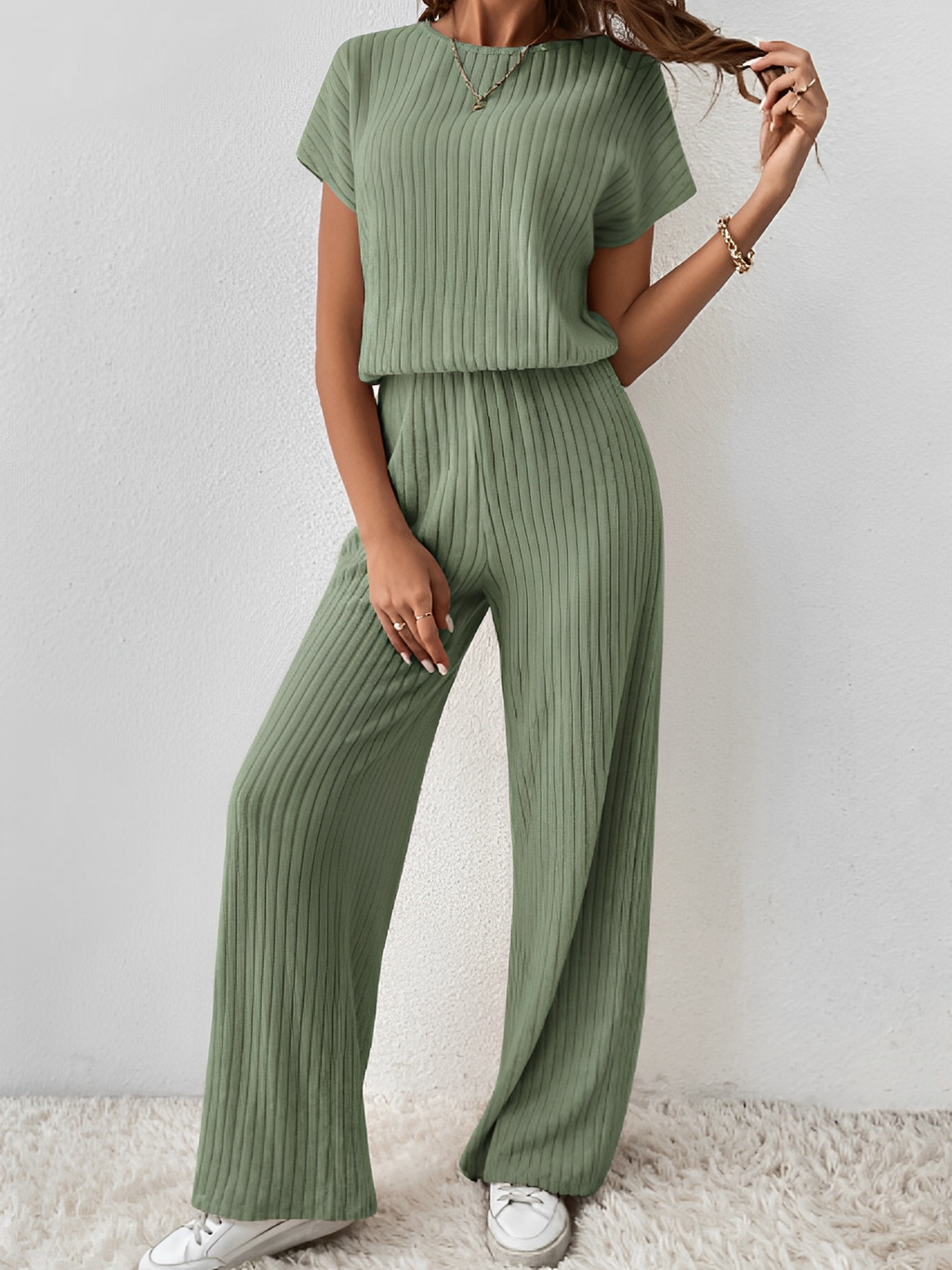 Ribbed Set with Batwing Sleeve Blouse and Wide-Leg Pants – Maite
