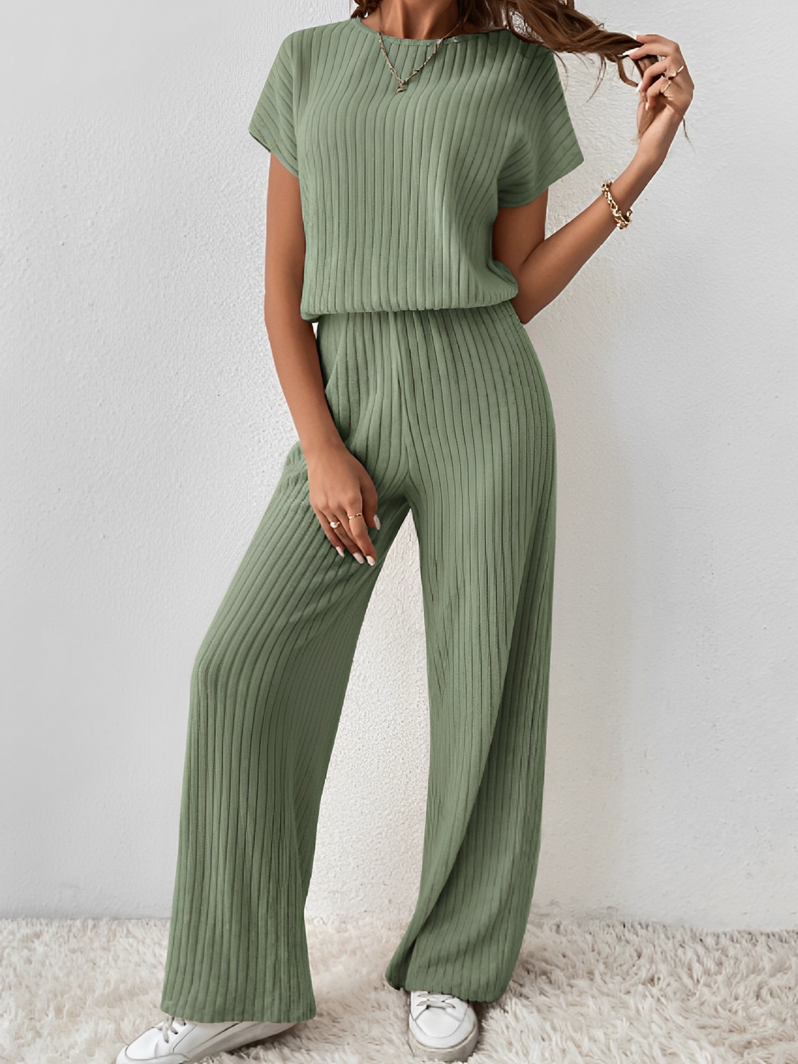 Ribbed Set with Batwing Sleeve Blouse and Wide-Leg Pants – Maite
