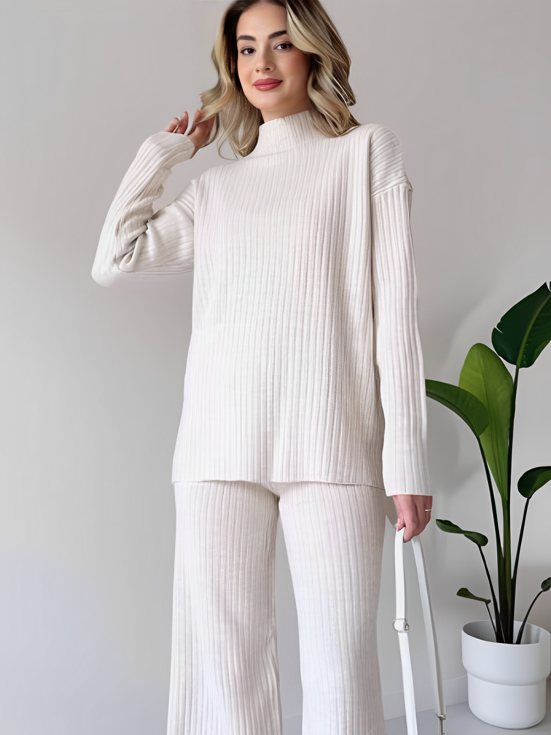Ribbed Knit Set with Mullet Sweater and Wide-Leg Pants – Grace