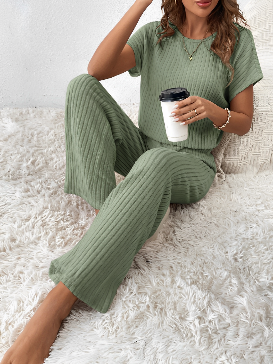 Ribbed Set with Batwing Sleeve Blouse and Wide-Leg Pants – Maite