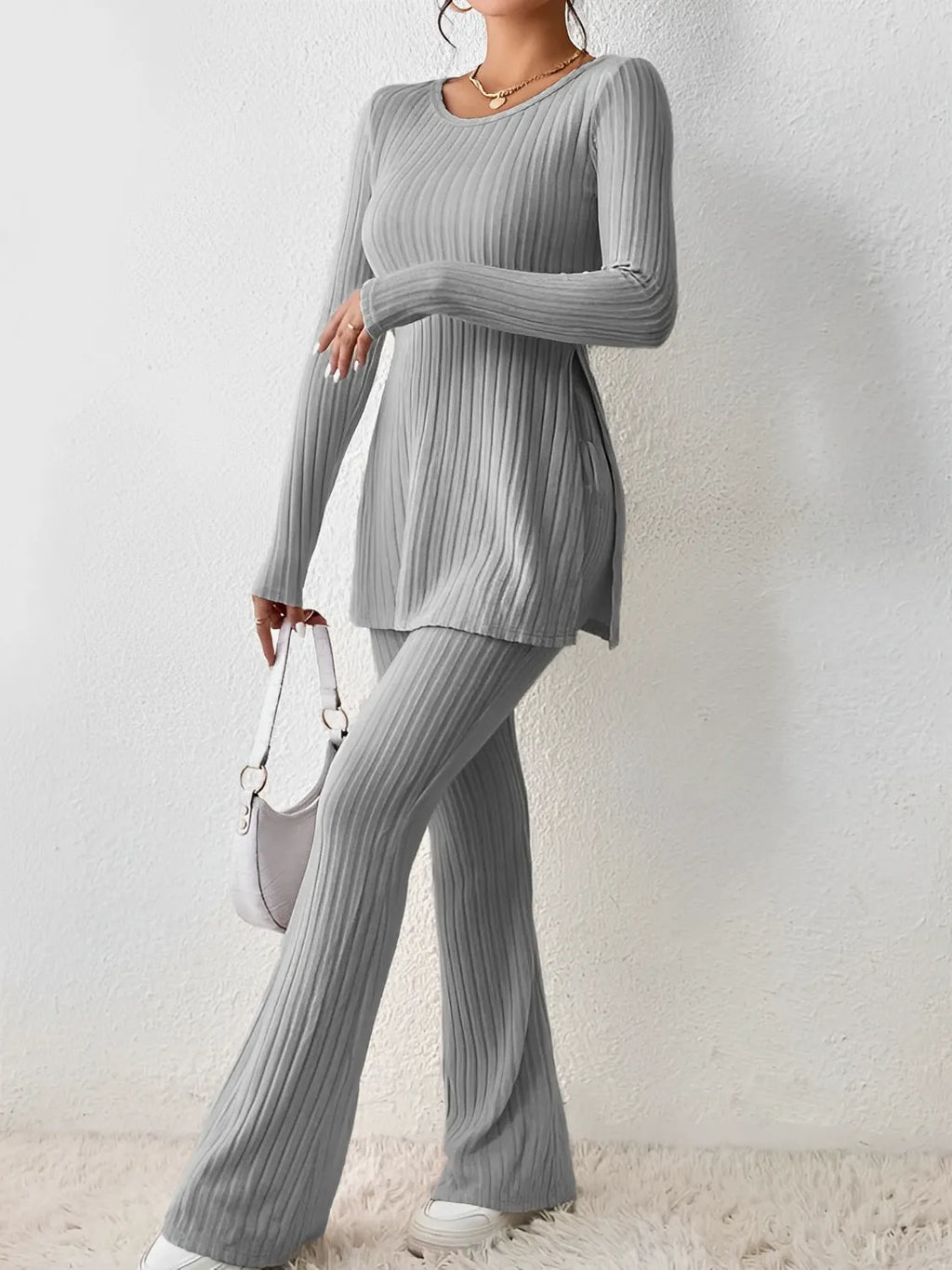 Ribbed Knit Set with Mullet Blouse and Flare Pants – Sabrina