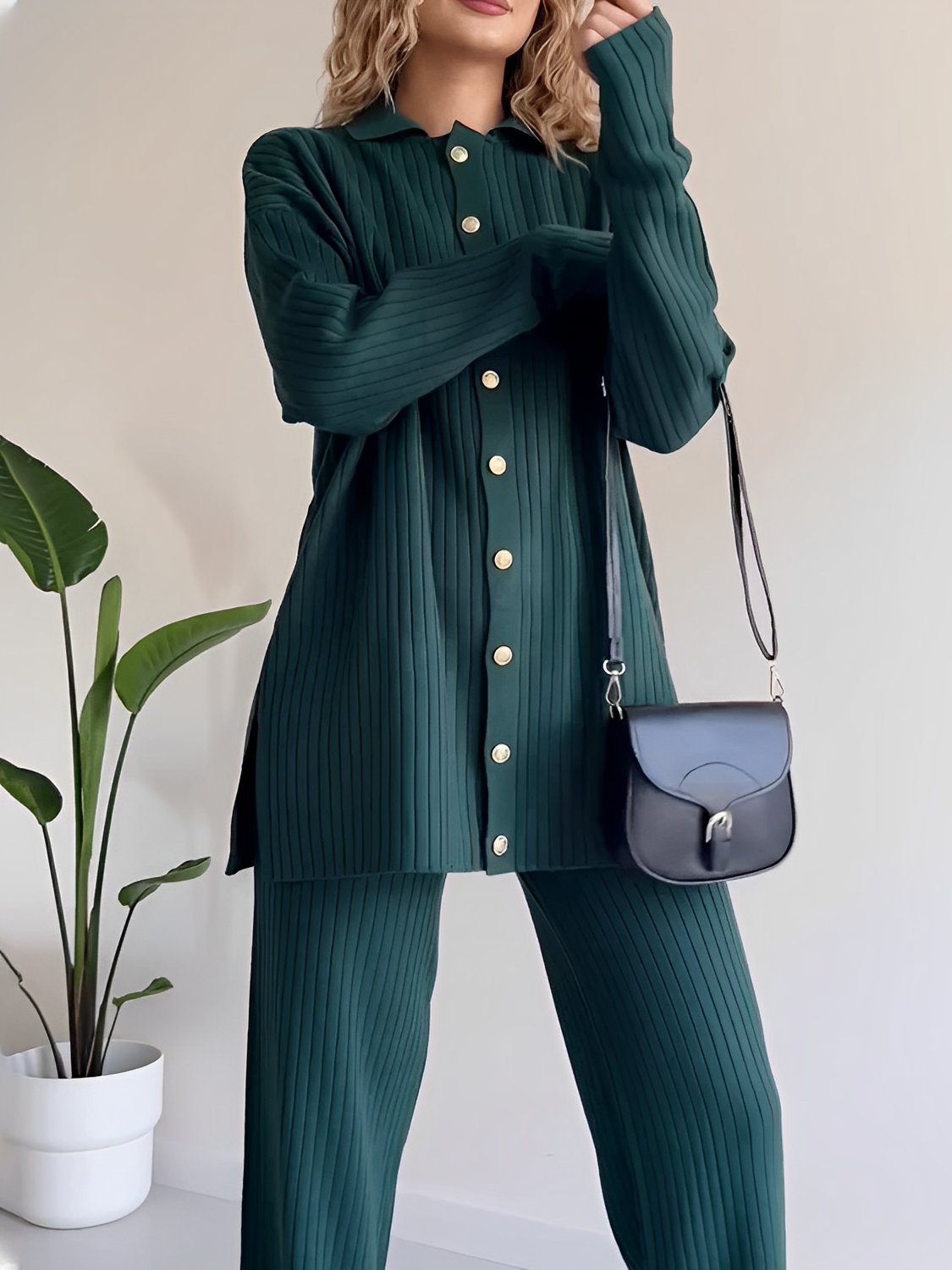 Ribbed Set with Long Button-Down Shirt and Straight Pants – Camila