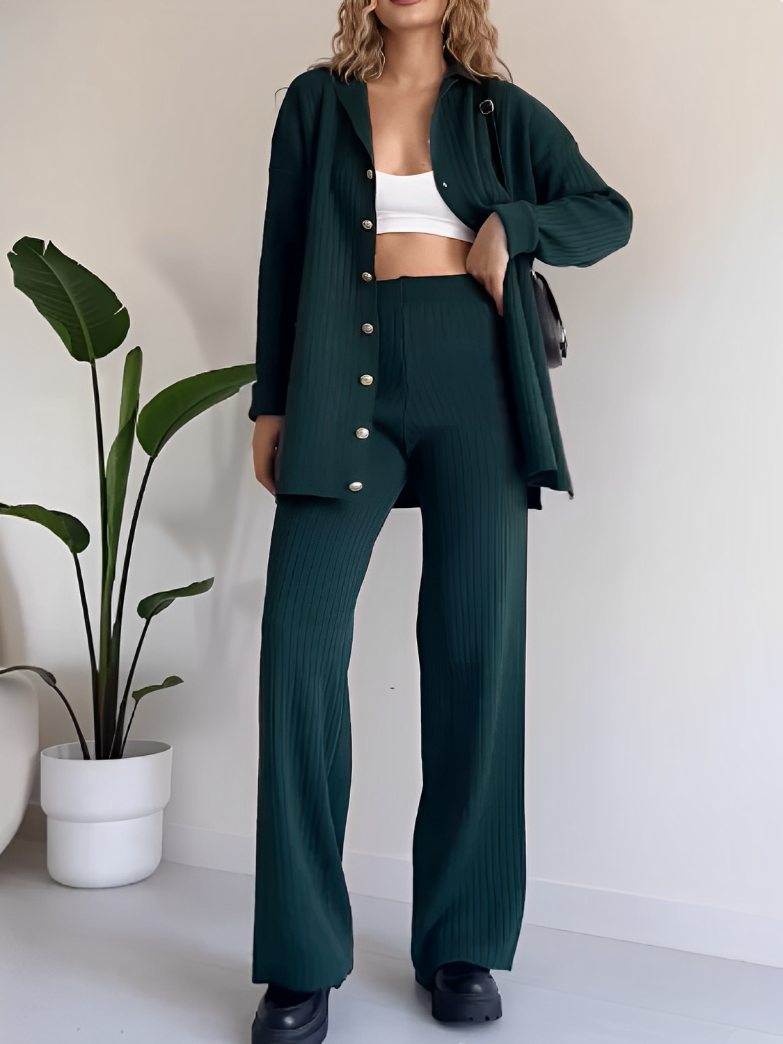 Ribbed Set with Long Button-Down Shirt and Straight Pants – Camila