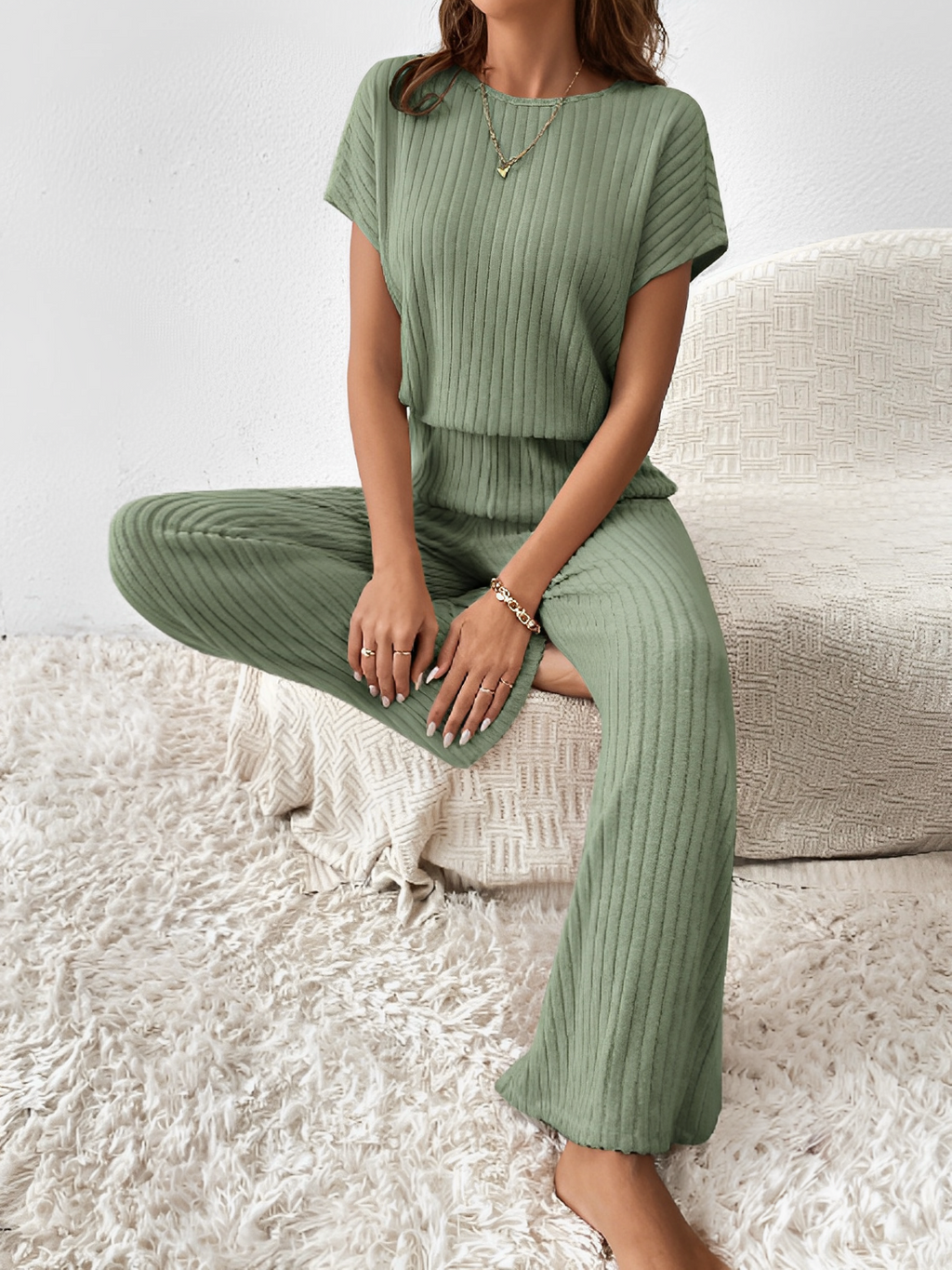 Ribbed Set with Batwing Sleeve Blouse and Wide-Leg Pants – Maite