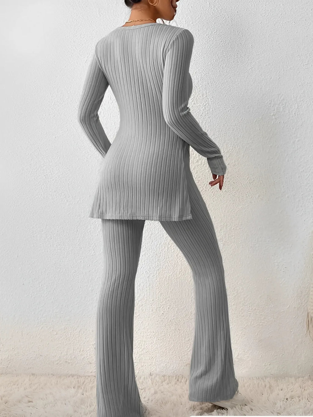 Ribbed Knit Set with Mullet Blouse and Flare Pants – Sabrina