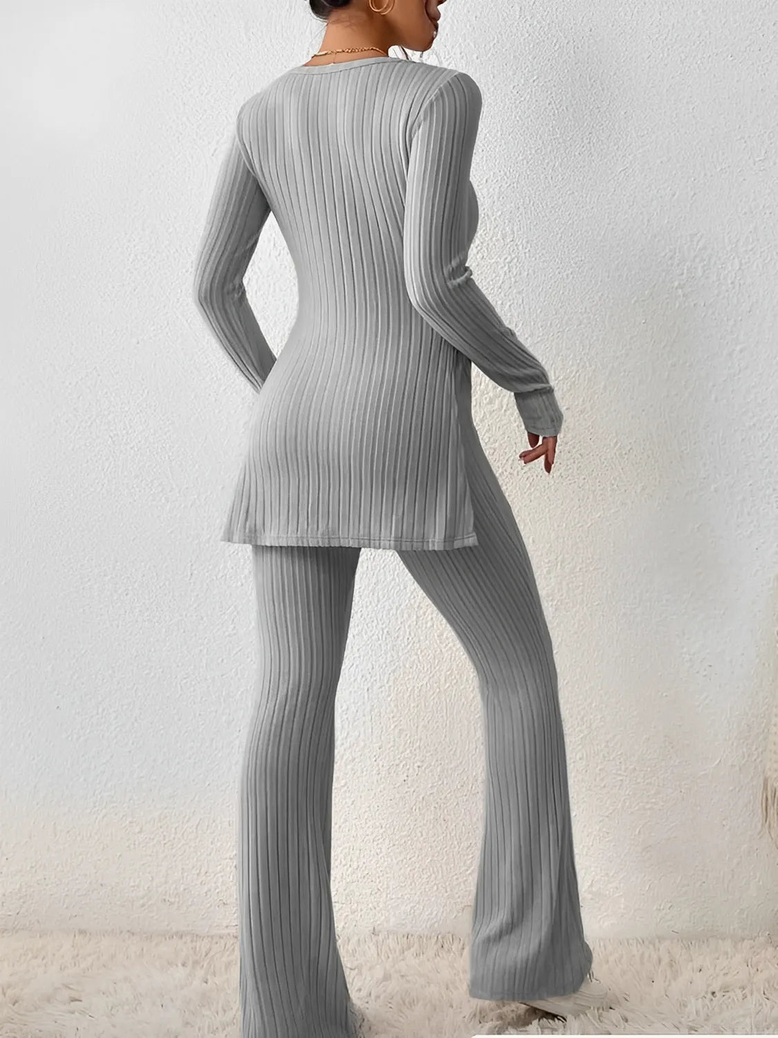 Ribbed Knit Set with Mullet Blouse and Flare Pants – Sabrina