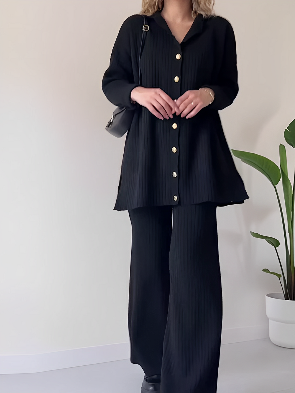 Ribbed Set with Long Button-Down Shirt and Straight Pants – Camila