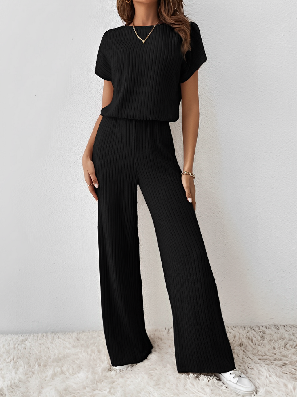 Ribbed Set with Batwing Sleeve Blouse and Wide-Leg Pants – Maite