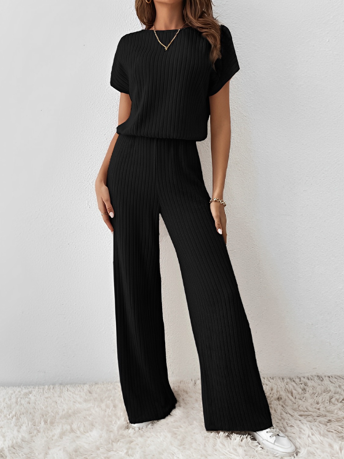 Ribbed Set with Batwing Sleeve Blouse and Wide-Leg Pants – Maite