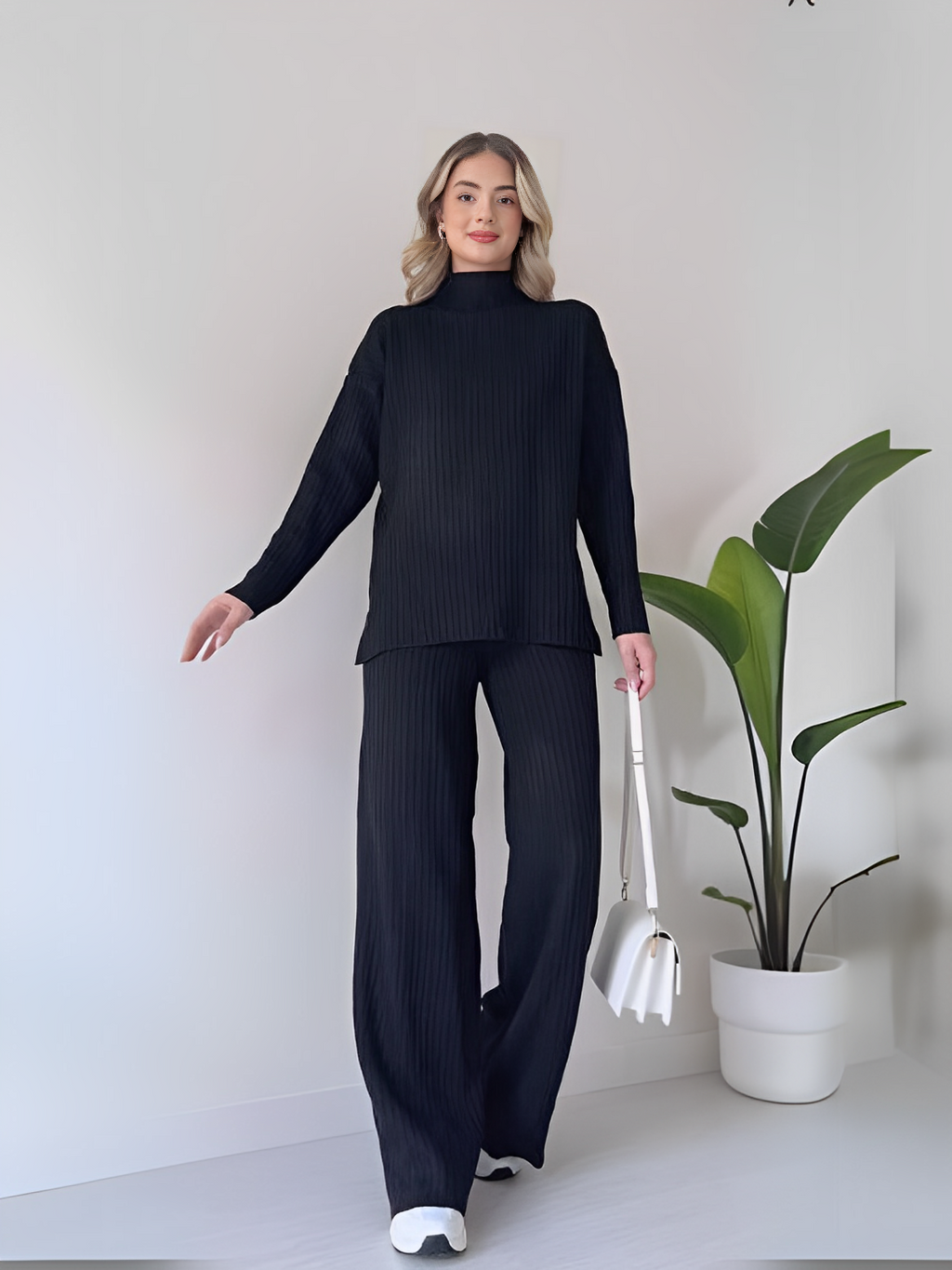 Ribbed Knit Set with Mullet Sweater and Wide-Leg Pants – Grace