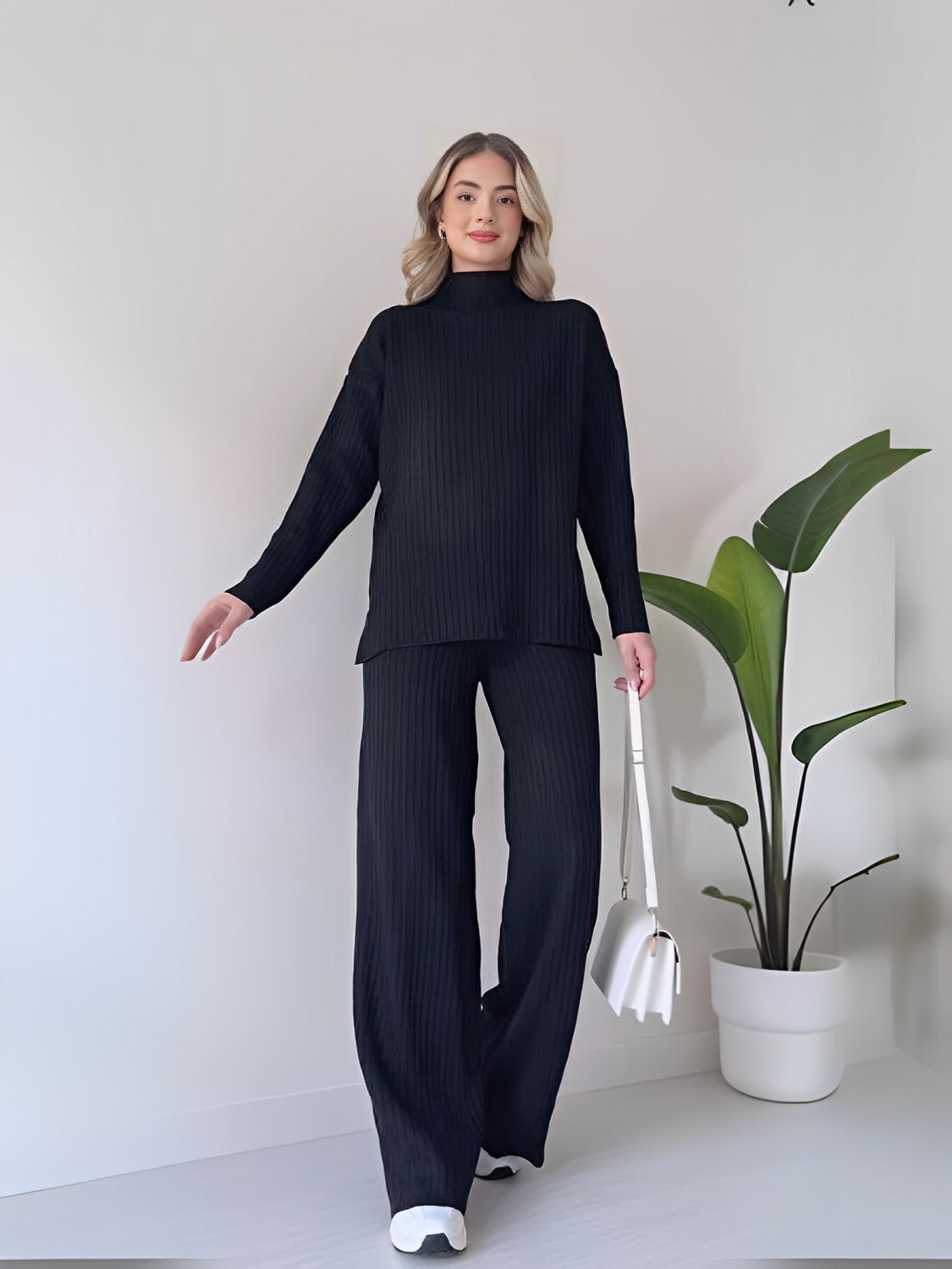 Ribbed Knit Set with Mullet Sweater and Wide-Leg Pants – Grace