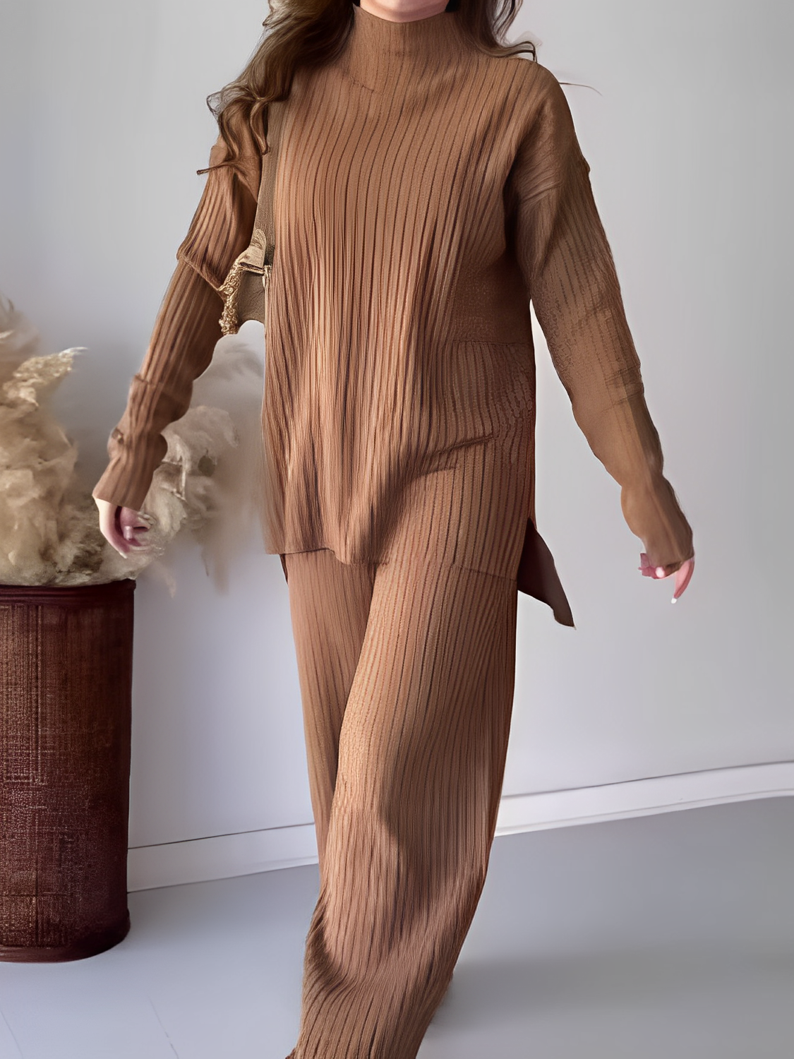 Ribbed Knit Set with Mullet Sweater and Wide-Leg Pants – Grace