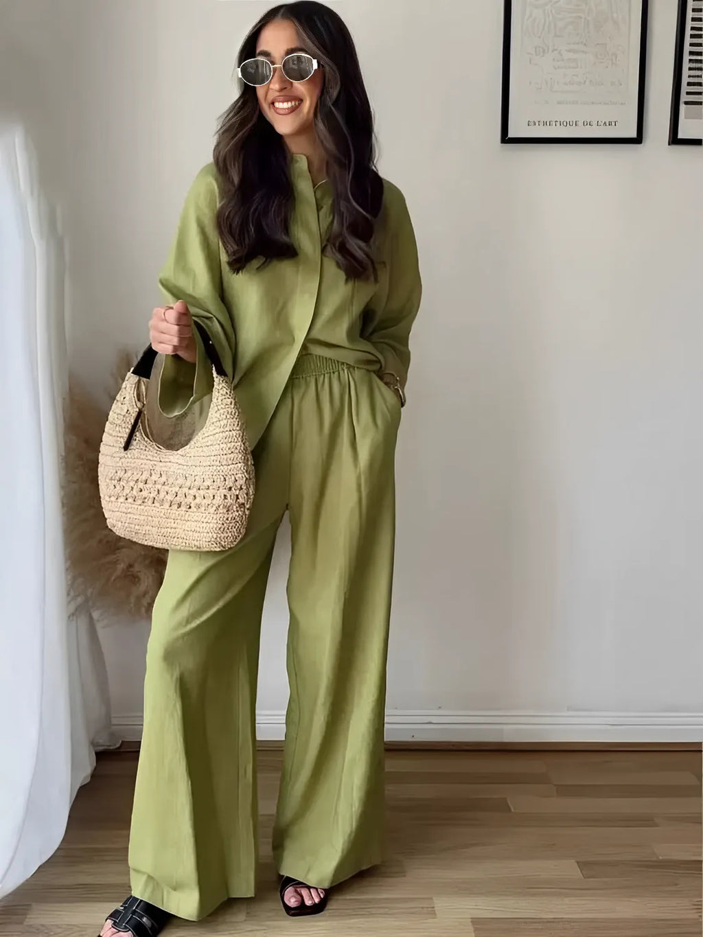 Button-Up Long-Sleeve Shirt and Wide-Leg Pants Set – Daniela