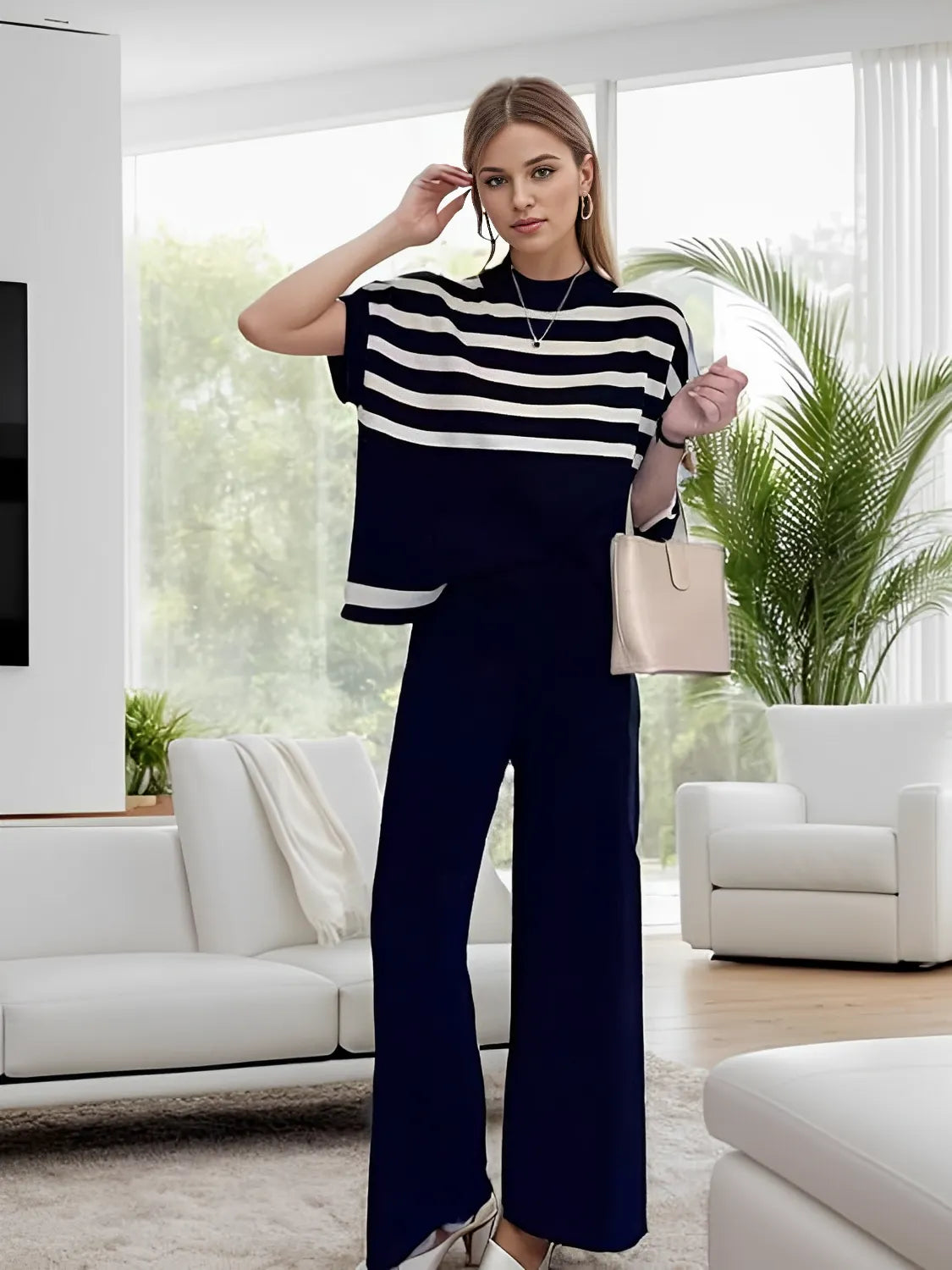 Viscose Set with Batwing Sleeve Blouse and Elastic Pants – Alessia