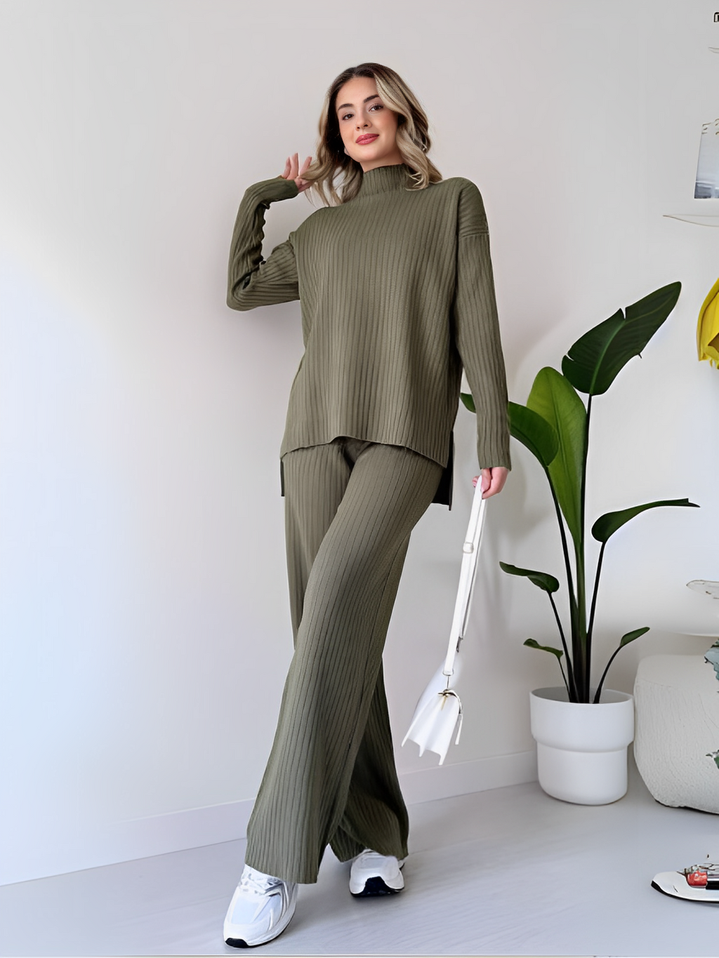 Ribbed Knit Set with Mullet Sweater and Wide-Leg Pants – Grace