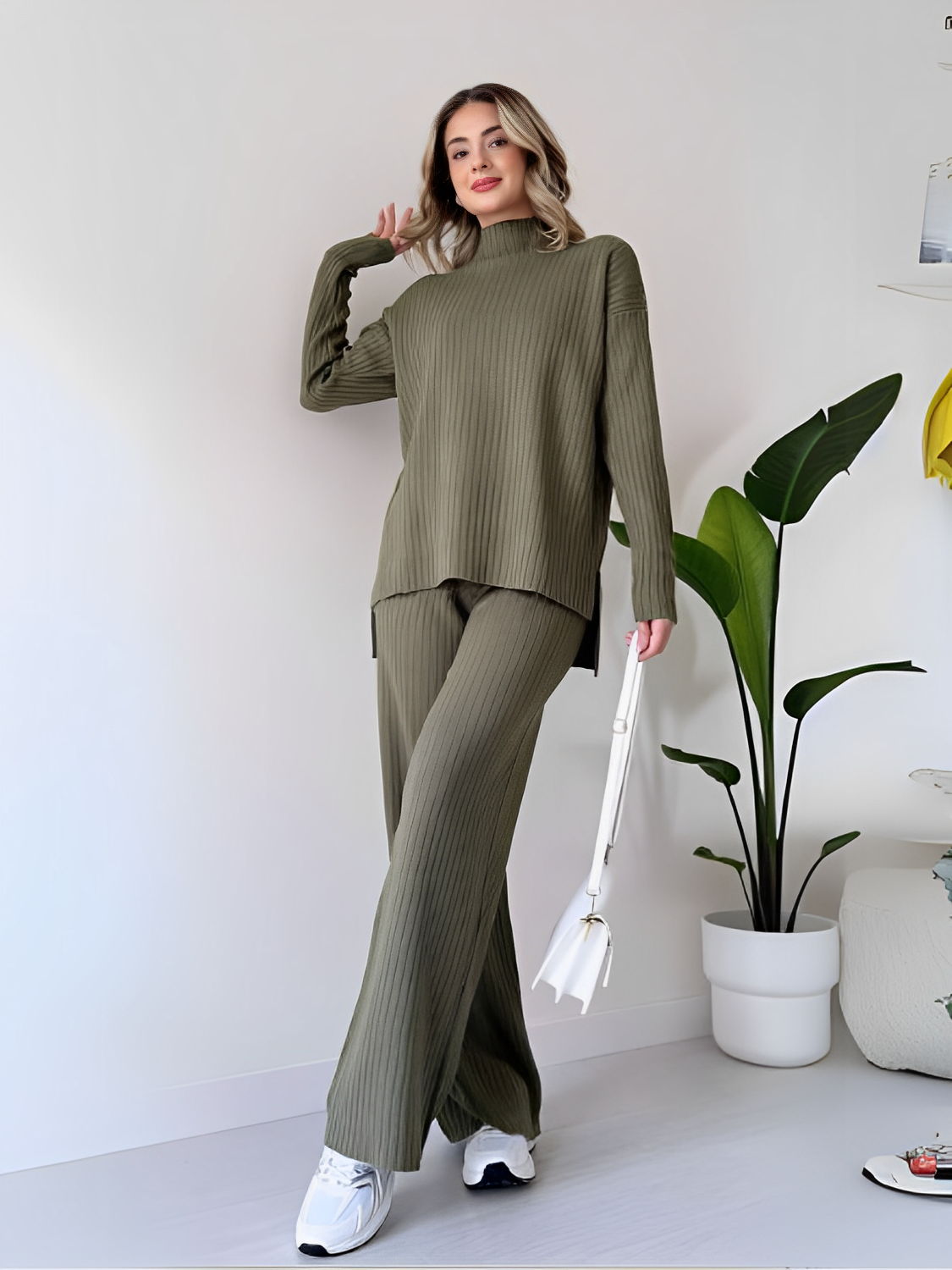 Ribbed Knit Set with Mullet Sweater and Wide-Leg Pants – Grace