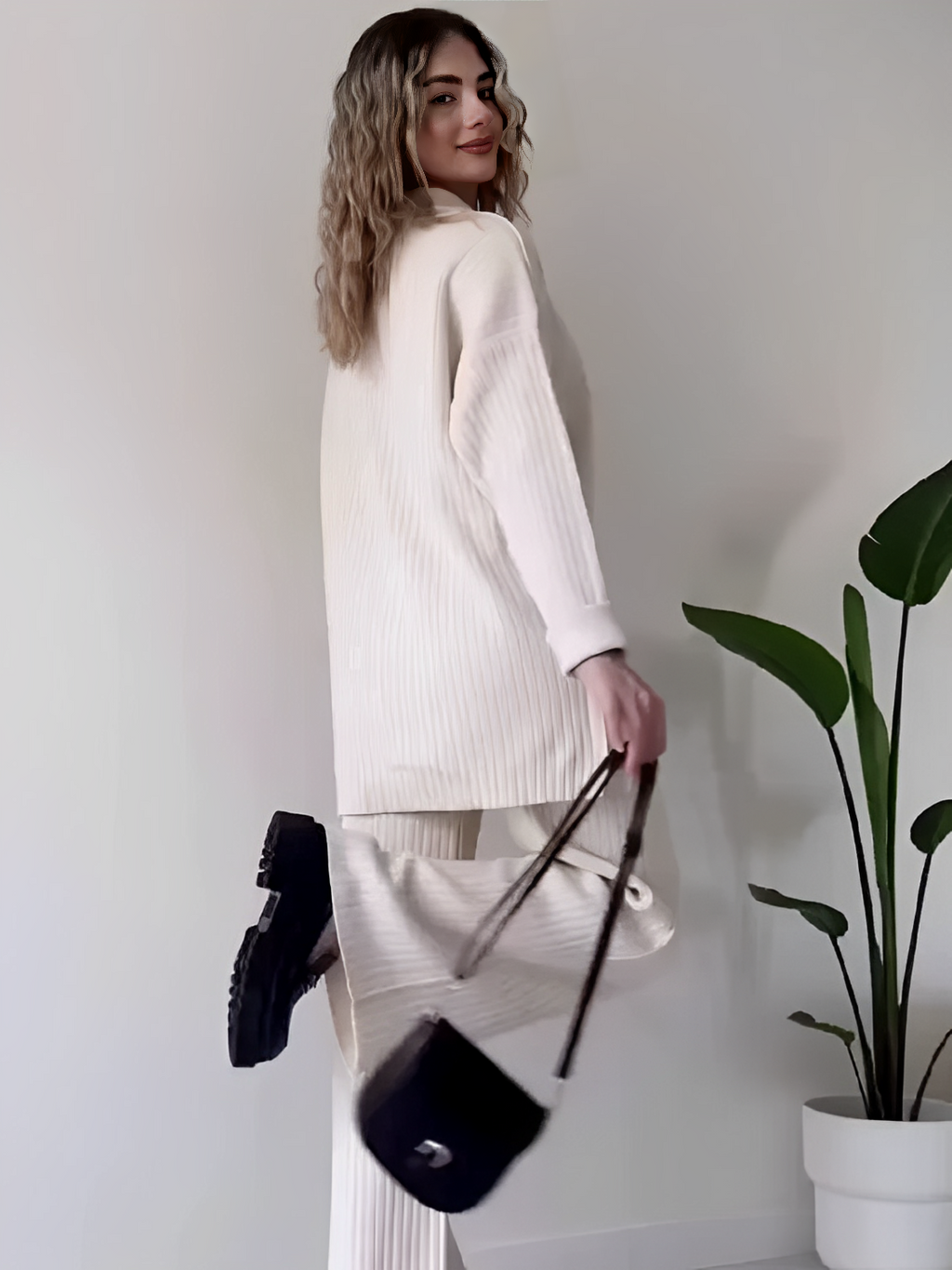 Ribbed Set with Long Button-Down Shirt and Straight Pants – Camila