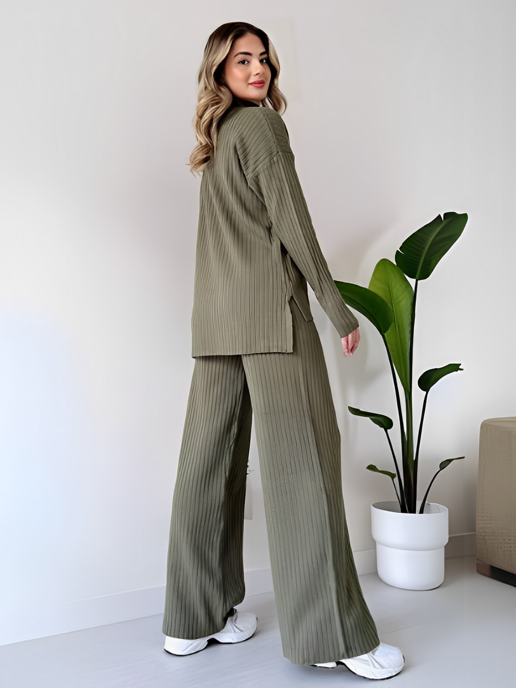 Ribbed Knit Set with Mullet Sweater and Wide-Leg Pants – Grace